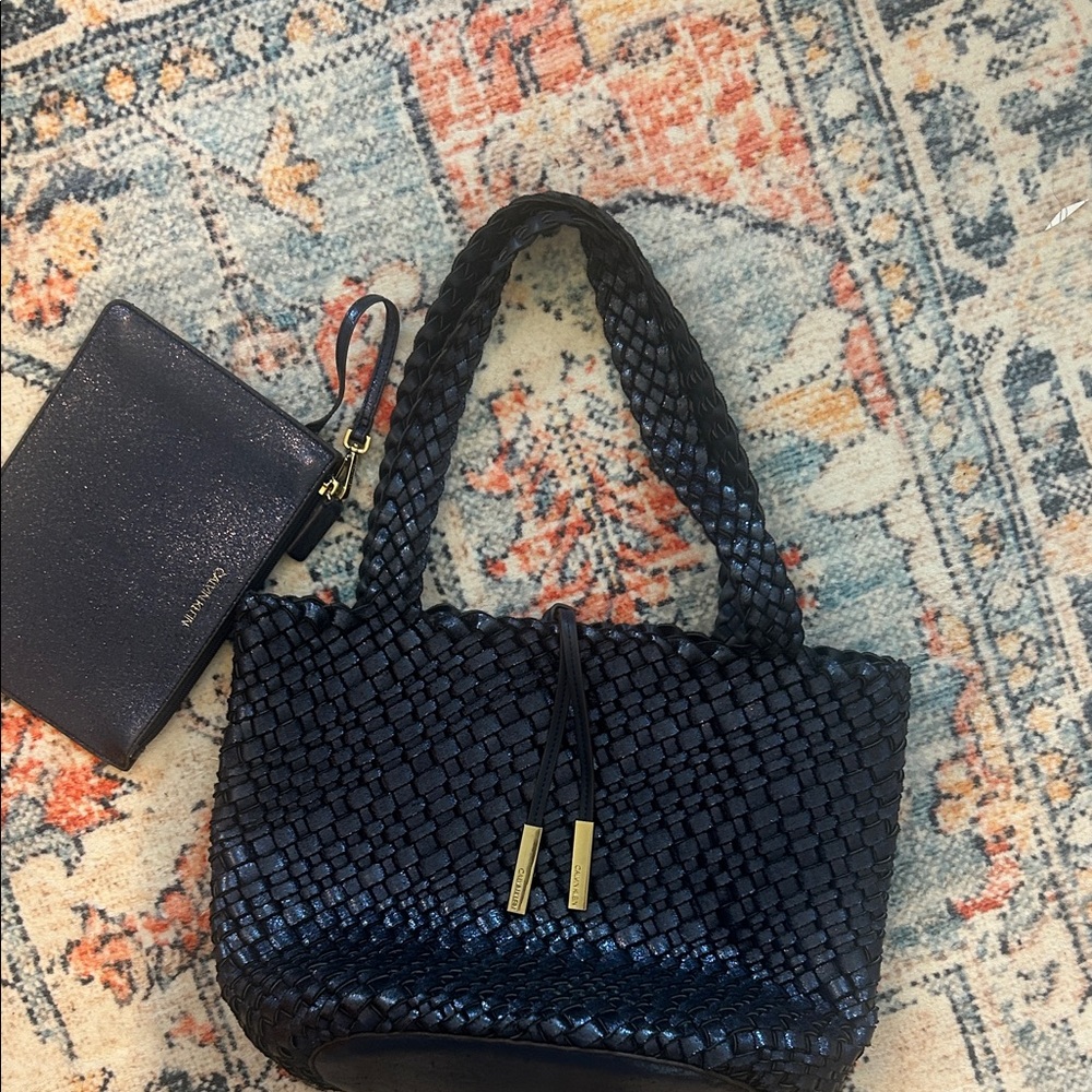 Calvin Klein Navy Reversible Woven Shoulder Bag with Gold Accents